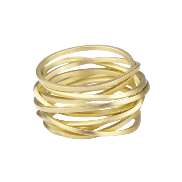 Anna Davern gold coil ring, nine coils of matt 9ct yellow gold wire wound into a wide band, on a white background