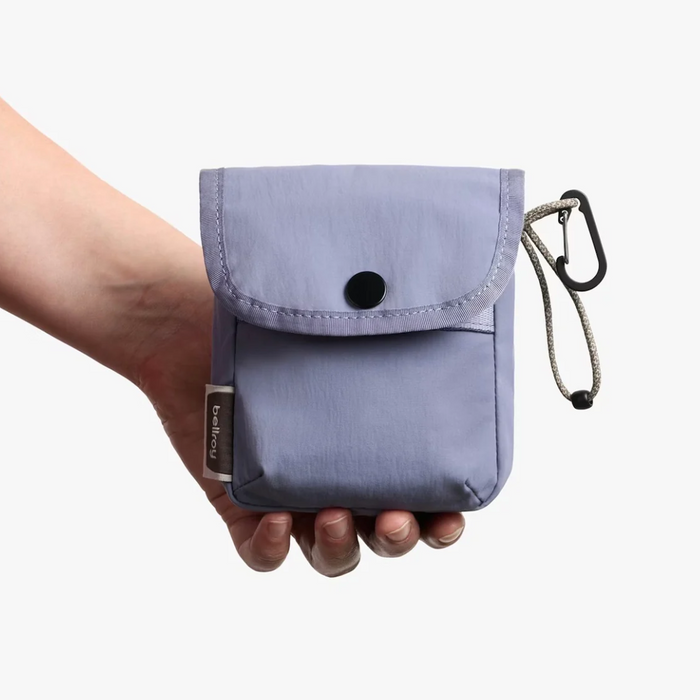 Bellroy Cinch pocket in lavender, compact pouch with carabiner clip