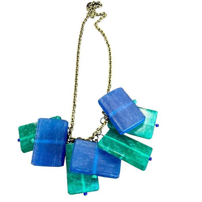 Candy Spender Jewels Sol y Mar necklace, cobalt and turquoise resin blocks clustered on a vintage brass chain