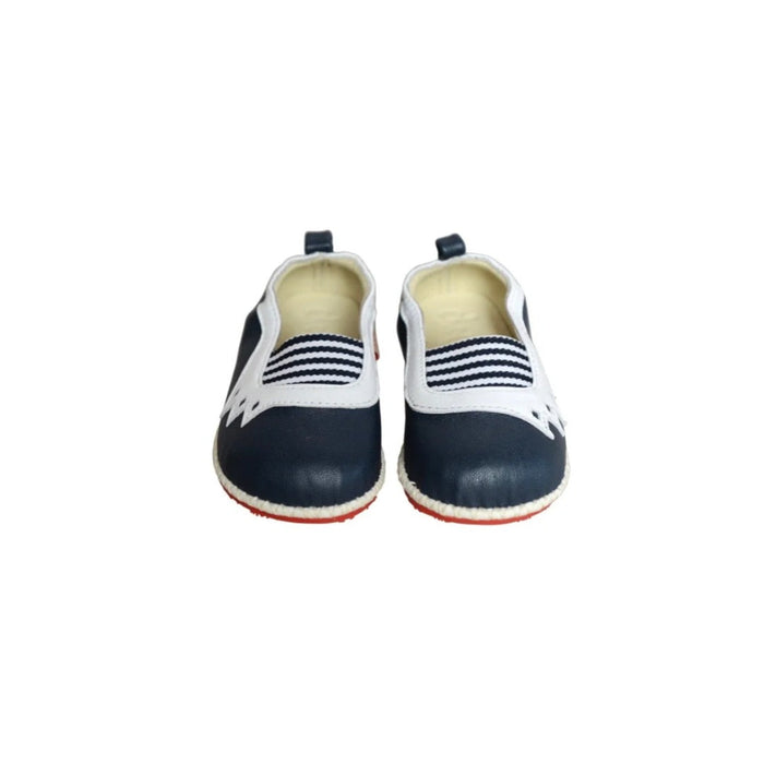 Chook Leaf Spanish stripes children's shoes in navy and white leather with a striped elastic insert and cream sole