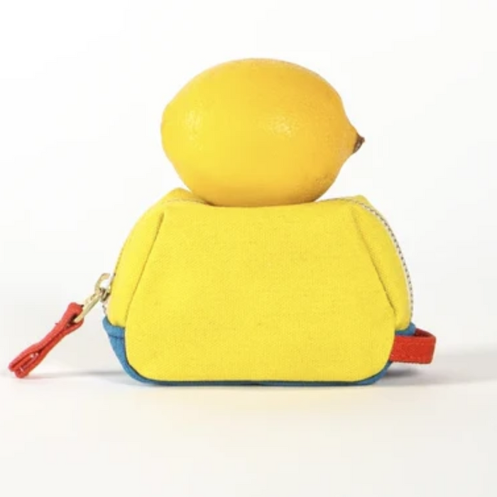 Immodest Cotton Clam shell pouch in yellow canvas with blue trim and red leather zip pull