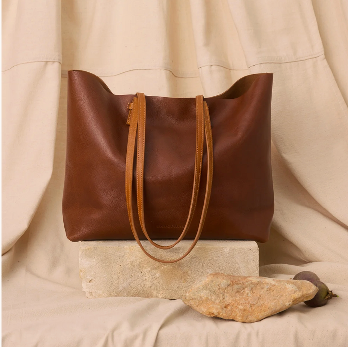 Nancybird slouchy brown leather tote bag with contrasting tan straps, crafted from vegetable-tanned leather in Melbourne