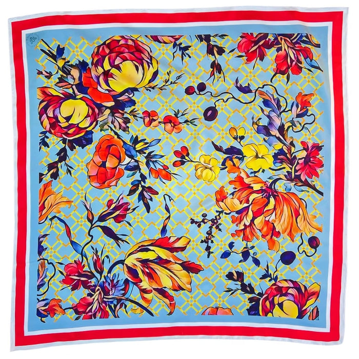 Oliver Wilkinson Bleu Francais silk scarf, orange and yellow blooms on a pale blue lattice ground with a red border