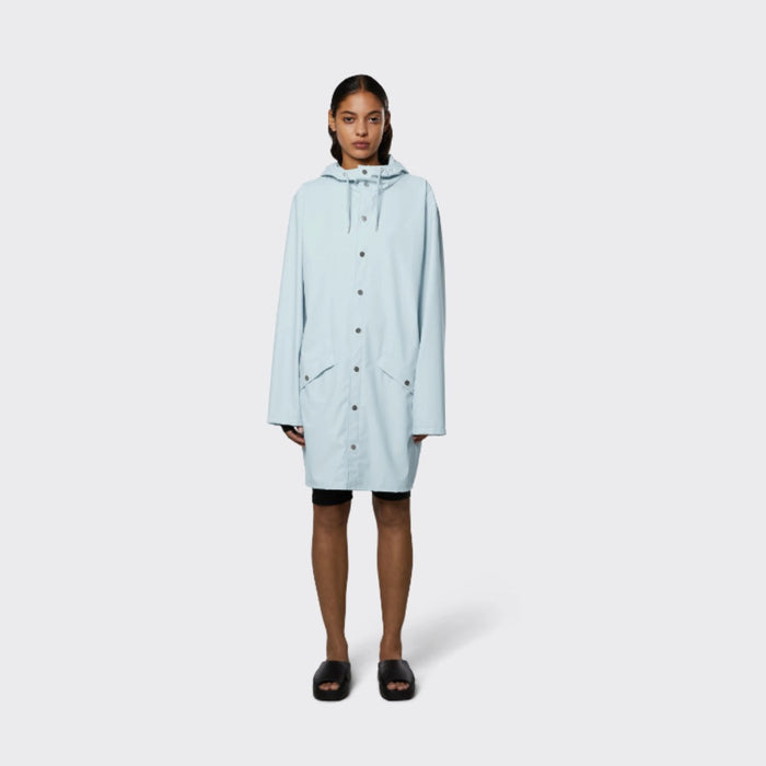 Rains long rain jacket in pale powder blue, hooded and knee-length with press studs