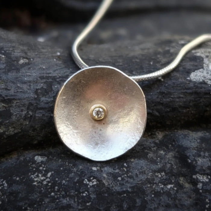 Shimara Carlow Lunar pendant in reticulated sterling silver with a diamond set in 18ct gold, on a silver chain