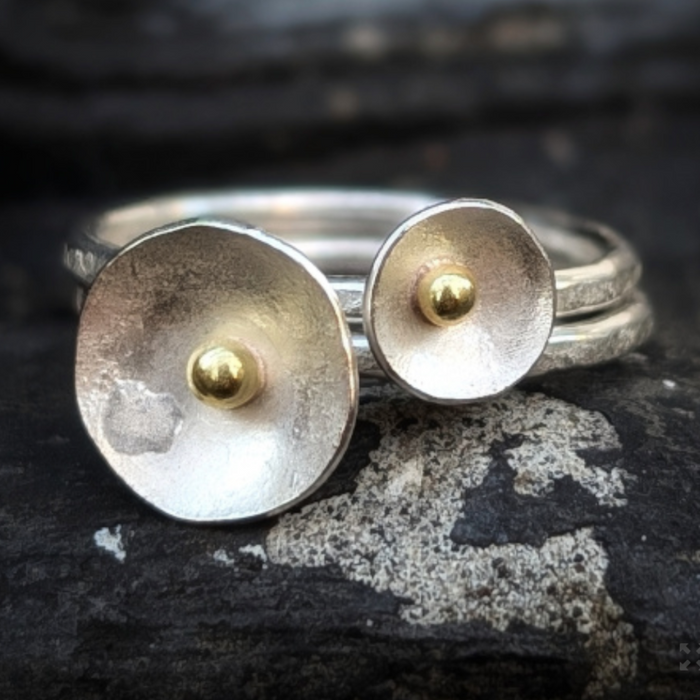 Set of two hammered sterling silver rings with petite 18ct gold bead details, handmade by Shimara Carlow in Melbourne