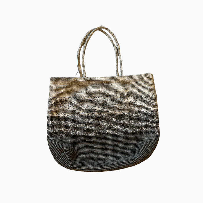Sophie Digard crocheted raffia basket bag, fading from natural to moss green, with long handles