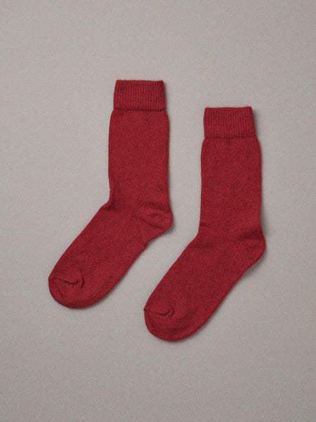 Francie possum merino socks in crimson, ribbed cuff, crew length