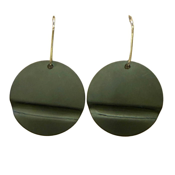 Green circular earrings on a beige card with 'Bourne' branding.