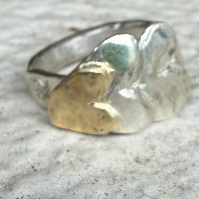 Silver and gold heart scales ring