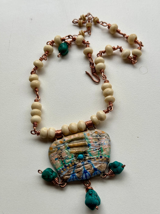 Vintage bead necklace in ivory & turquoise