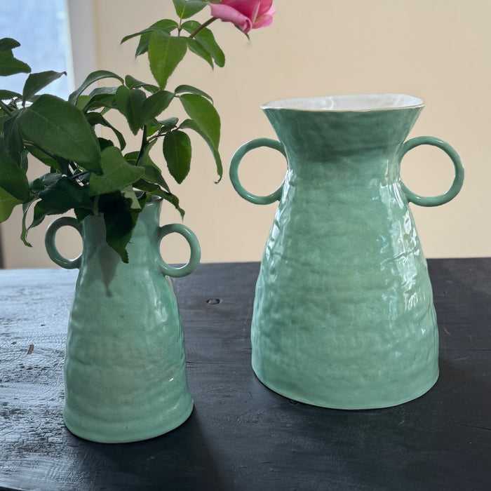 Medium glazed two handled vase | celadon green