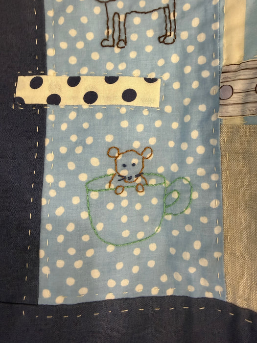 Hand stitched baby quilt in linen and cotton (blues)
