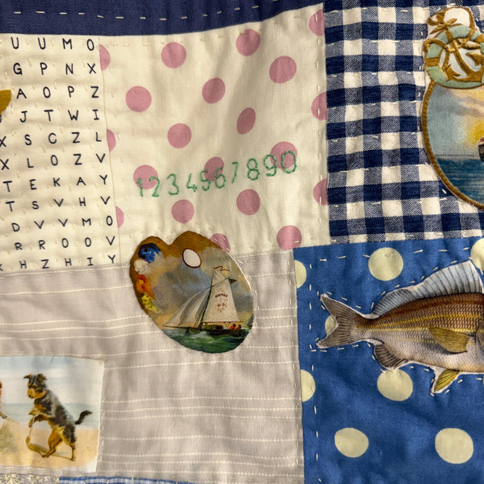 Hand stitched baby quilt in linen and cotton (blues)