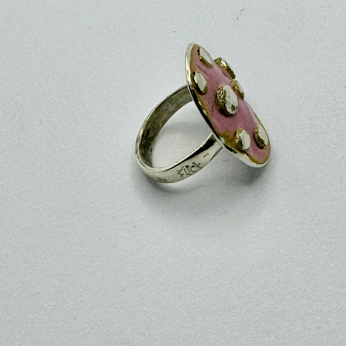 Pink enamel and silver dotty ring