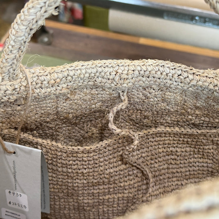 Raffia tote with appliqued flowers