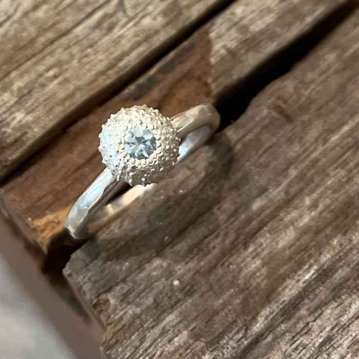 Silver urchin ring with pale blue aquamarine