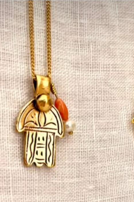 Hamsa necklace with coral and pearl beads