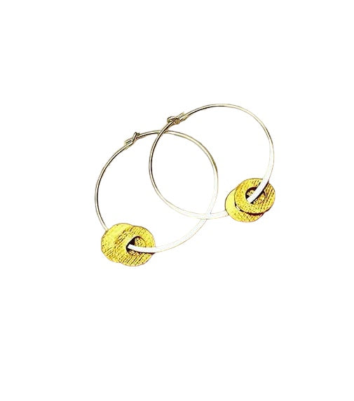 Silver hoops with gold disc charms
