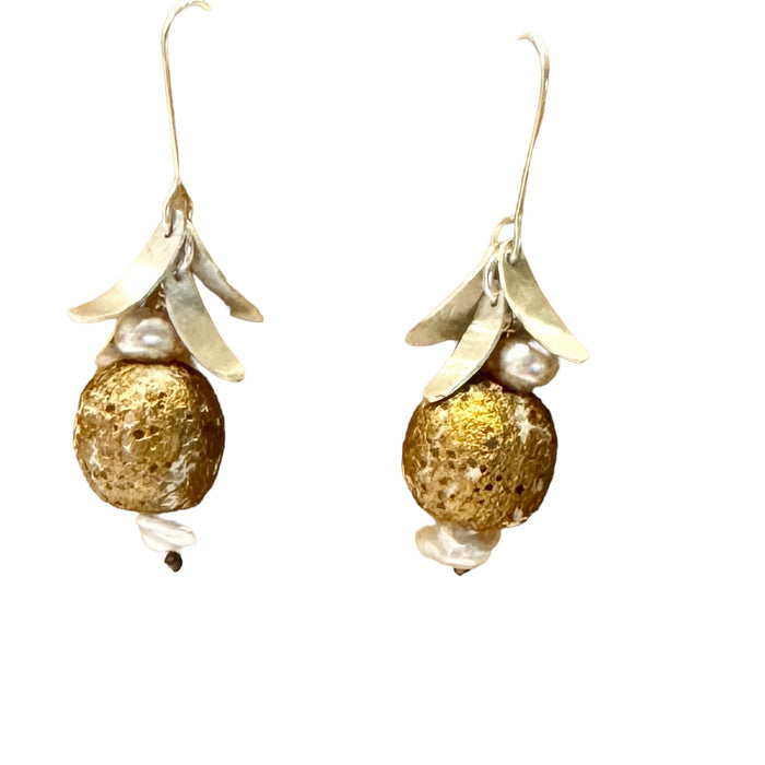 Silver leaf and bead hook earrings