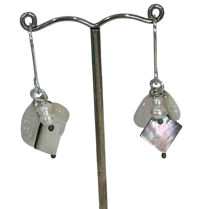 Silver hook earrings with pearl and rose quartz charms