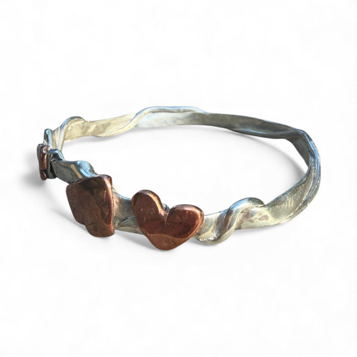 Silver and copper heart bangle