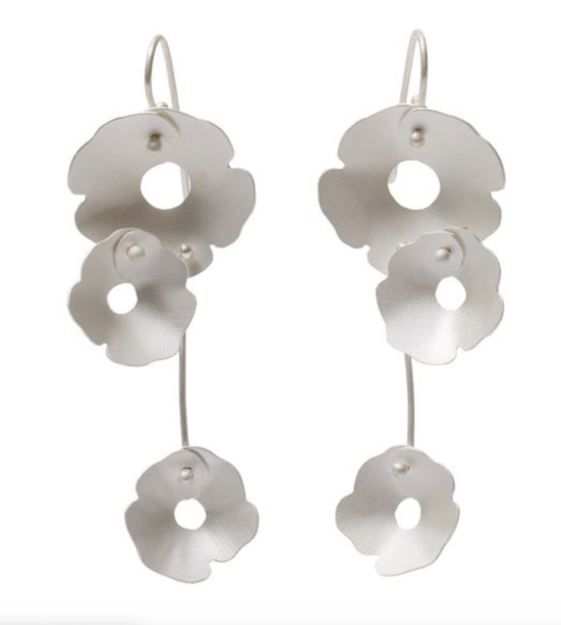 Anemone three flower silver hook earrings