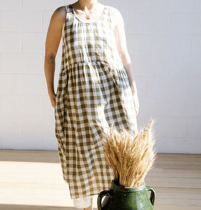 Waterfall dress in olive check