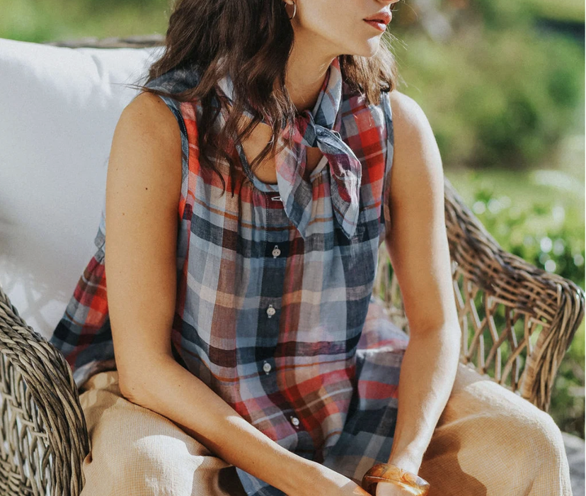 Check linen sleeveless blouse