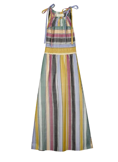 A sleeveless halter maxi dress with a smocked waist and tie straps, featuring vertical stripes in yellow, green, pink, gray, and blue, shown against a light gray background.