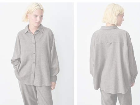 Model wearing the American Vintage brushed cotton shirt in grey, front and back views