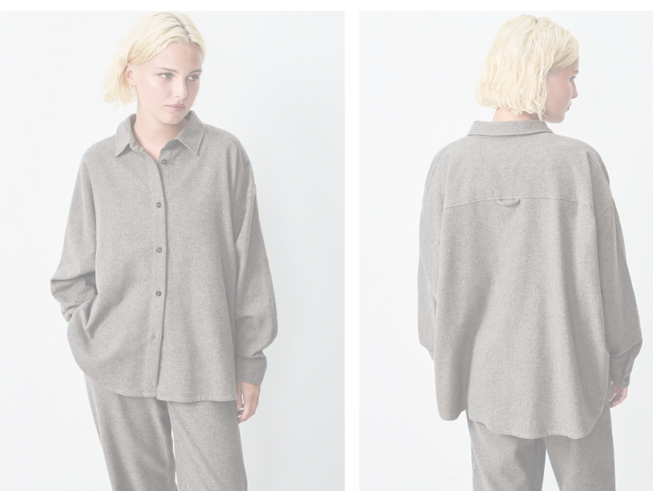 Model wearing the American Vintage brushed cotton shirt in grey, front and back views