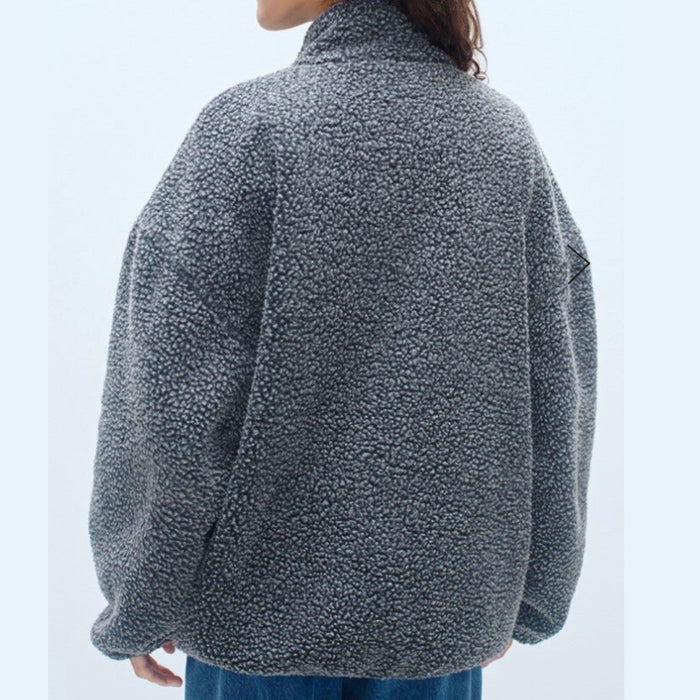 Back view of the American Vintage charcoal grey sherpa fleece jacket, showing the relaxed oversized fit and stand collar