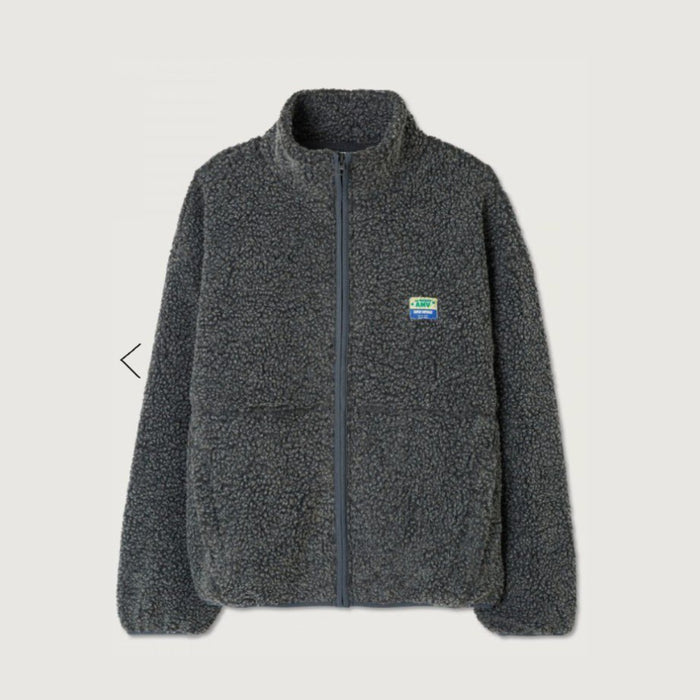 American Vintage charcoal grey sherpa fleece zip jacket laid flat, with stand collar, front pockets and AMV chest patch