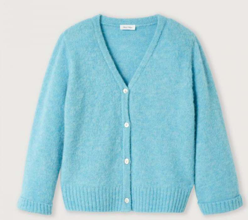 American Vintage East V neck cardigan in sky blue, flat lay