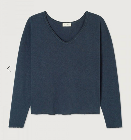 American Vintage Sonoma V neck long sleeve tee in navy, flat lay