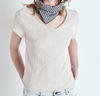 American Vintage Sonoma V neck tee in mastic bone, worn with a neck scarf