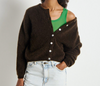 Model wearing the American Vintage Vito knit cardigan in coffee brown