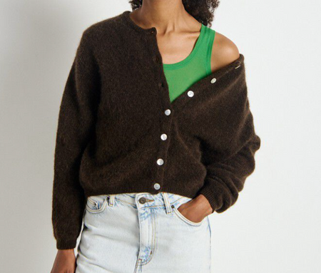 Model wearing the American Vintage Vito knit cardigan in coffee brown