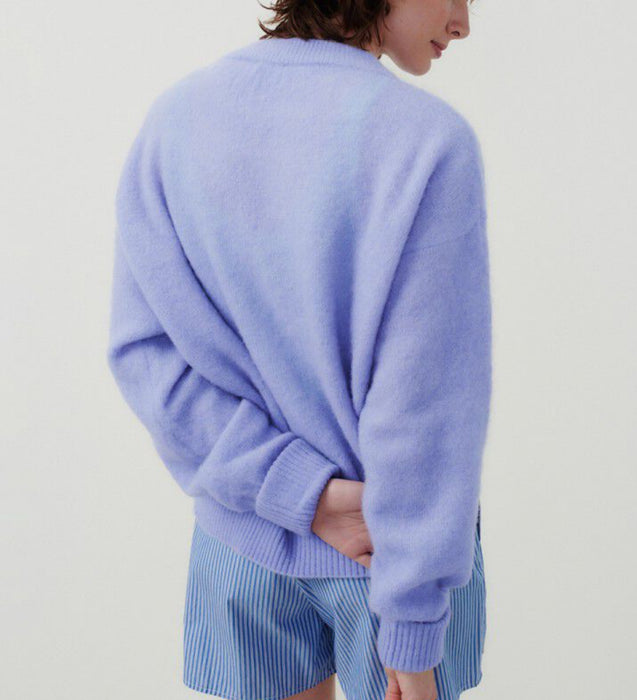 Back view of the American Vintage Vitow alpaca crew knit in iris on model