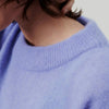 Close-up of the ribbed crew neckline on an American Vintage Vitow alpaca knit in soft lavender