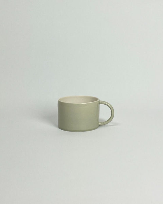 Anne Black Candy Cup Wide in sage green glaze, hand-thrown porcelain wide coffee mug