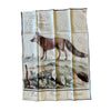 Barbara O'Donovan XL linen tea towel laid flat, printed with a vintage fox illustration and the captions Vos, Vulpes, Renard