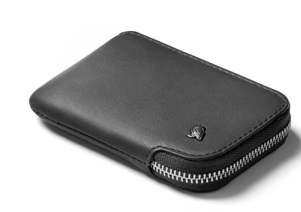 Bellroy Card Pocket zip leather wallet in black, closed front view