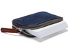 Bellroy Card Pocket wallet in ocean blue, half unzipped with a stack of cards