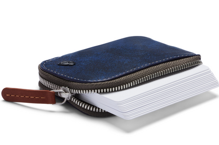 Bellroy Card Pocket wallet in ocean blue, half unzipped with a stack of cards
