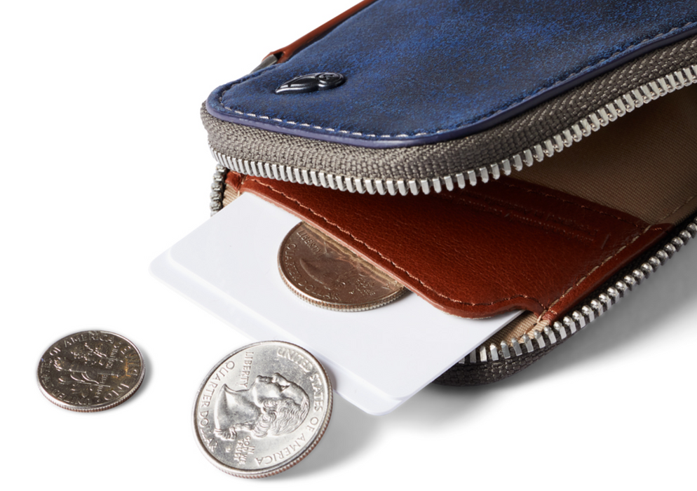 Bellroy Card Pocket wallet in ocean blue, open with cards and coins
