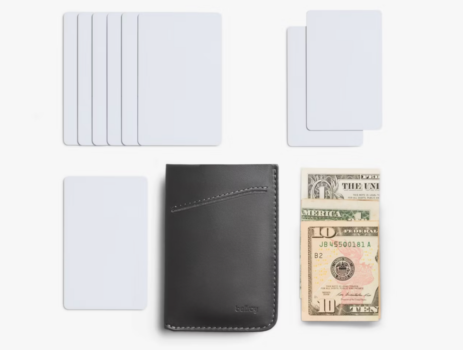 Bellroy Card Sleeve wallet in black, laid out with the cards and notes it holds