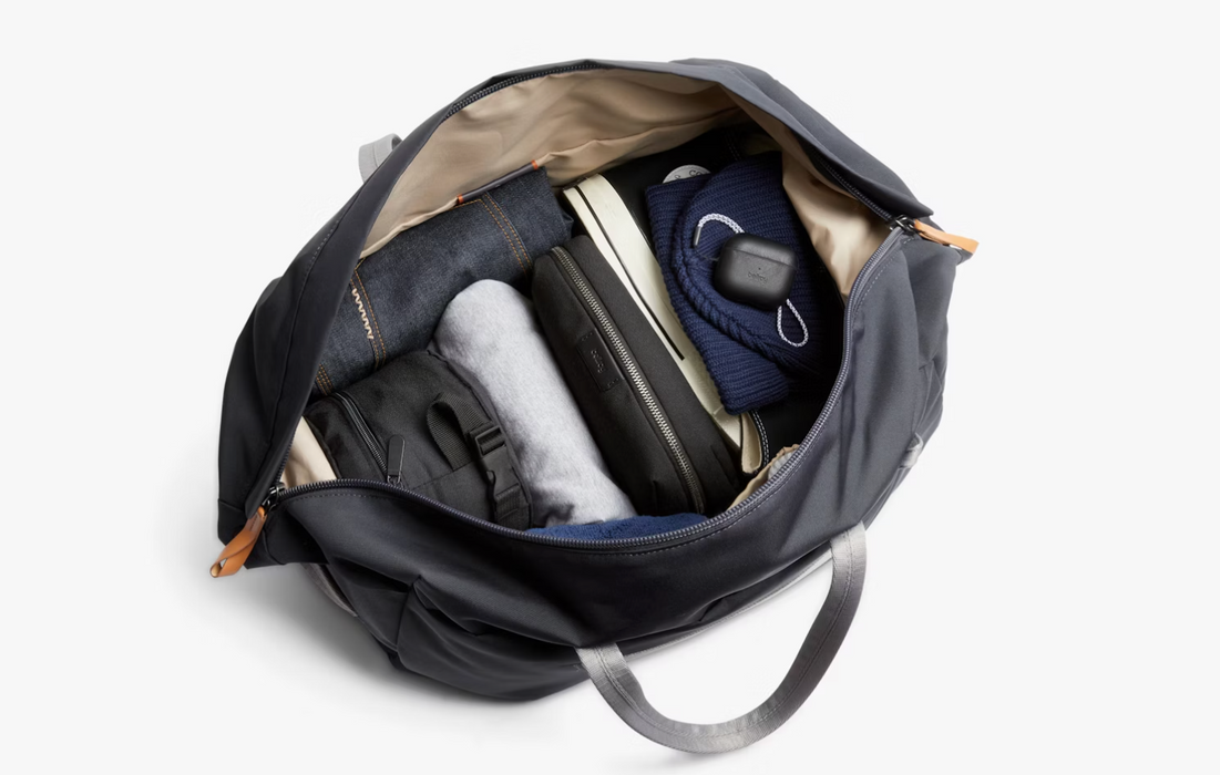 Inside the Bellroy Classic Weekender bag, packed with clothes and shoes