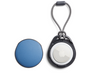 Bellroy leather AirTag case in blue daze, front and back with an AirTag fitted